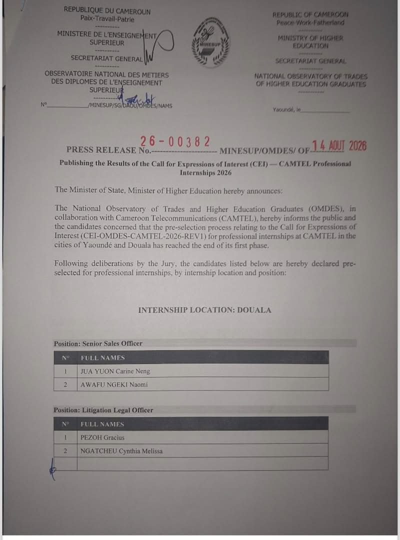Résultats des  présélections aux stages professionnels à CAMTEL