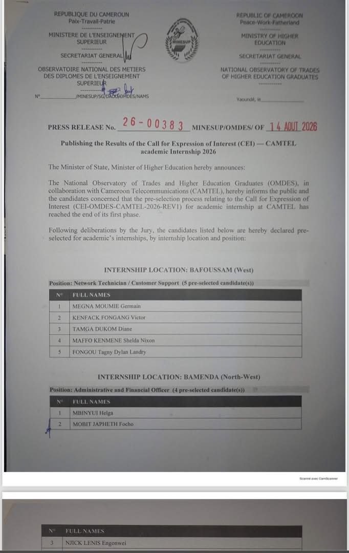 Résultats des présélections aux stages académiques à CAMTEL