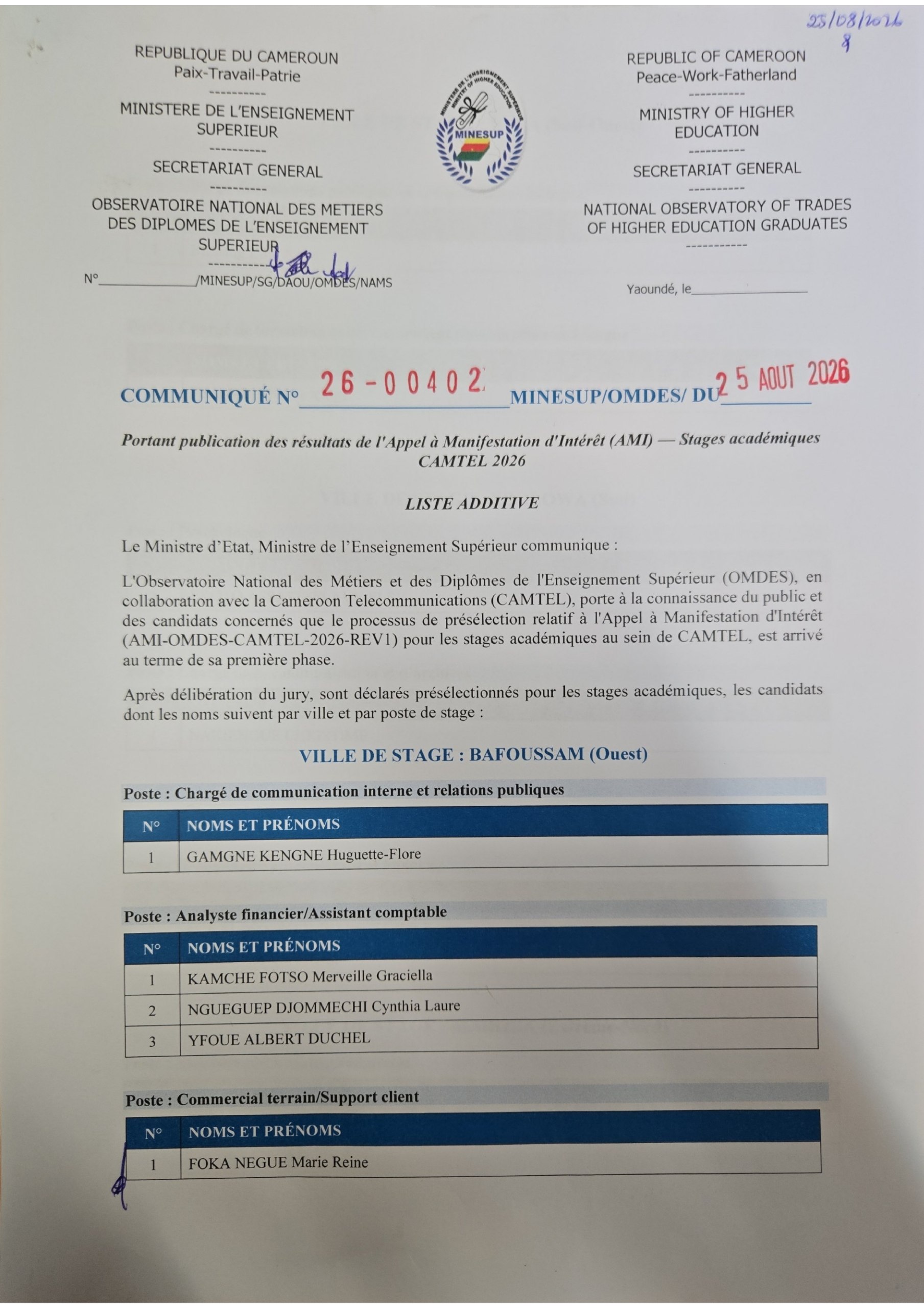 LISTE ADDITIVE DES CANDIDATS PRESELECTIONNES POUR LE STAGE A CAMTEL- Additive list of candidates preselected for the course in Camtel