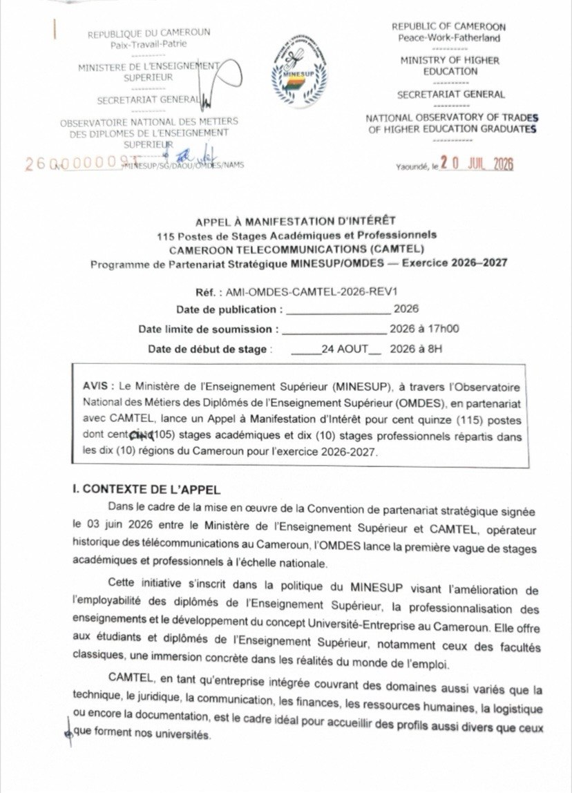 CAMTEL-APPEL À MANIFESTATION D’INTÉRÊT  115 Postes de Stages Académiques et Professionnels CAMEROON TELECOMMUNICATIONS (CAMTEL) Programme de Partenariat Stratégique MINESUP/OMDES — Exercice 2026–2027