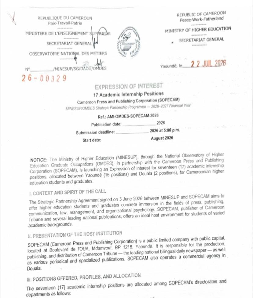 EXPRESSION OF INTEREST 17 Academic Internship Positions Cameroon Press and Publishing Corporation (SOPECAM) MINESUP/OMDES Strategic Partnership Programme - 2026-2027 Financial Year.